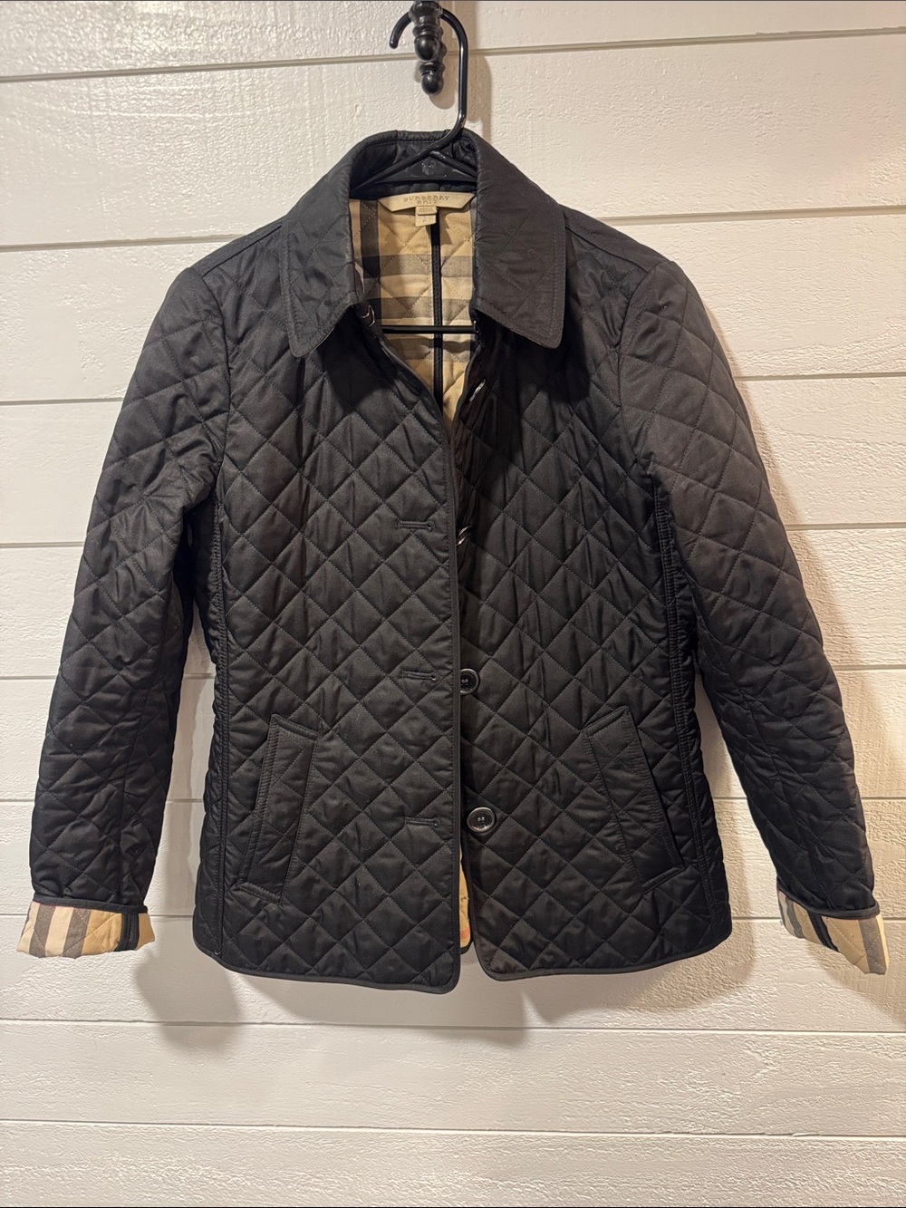 BURBERRY Brit Women’s Black Quilted Jacket with Signature Check Lining- small